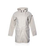 Harborside Waterproof Fleece-Lined Raincoat - Moonstruck by Batela USA Inc, light gray, knee-length with front zip, snap buttons, flap pockets, and long sleeves on white background.