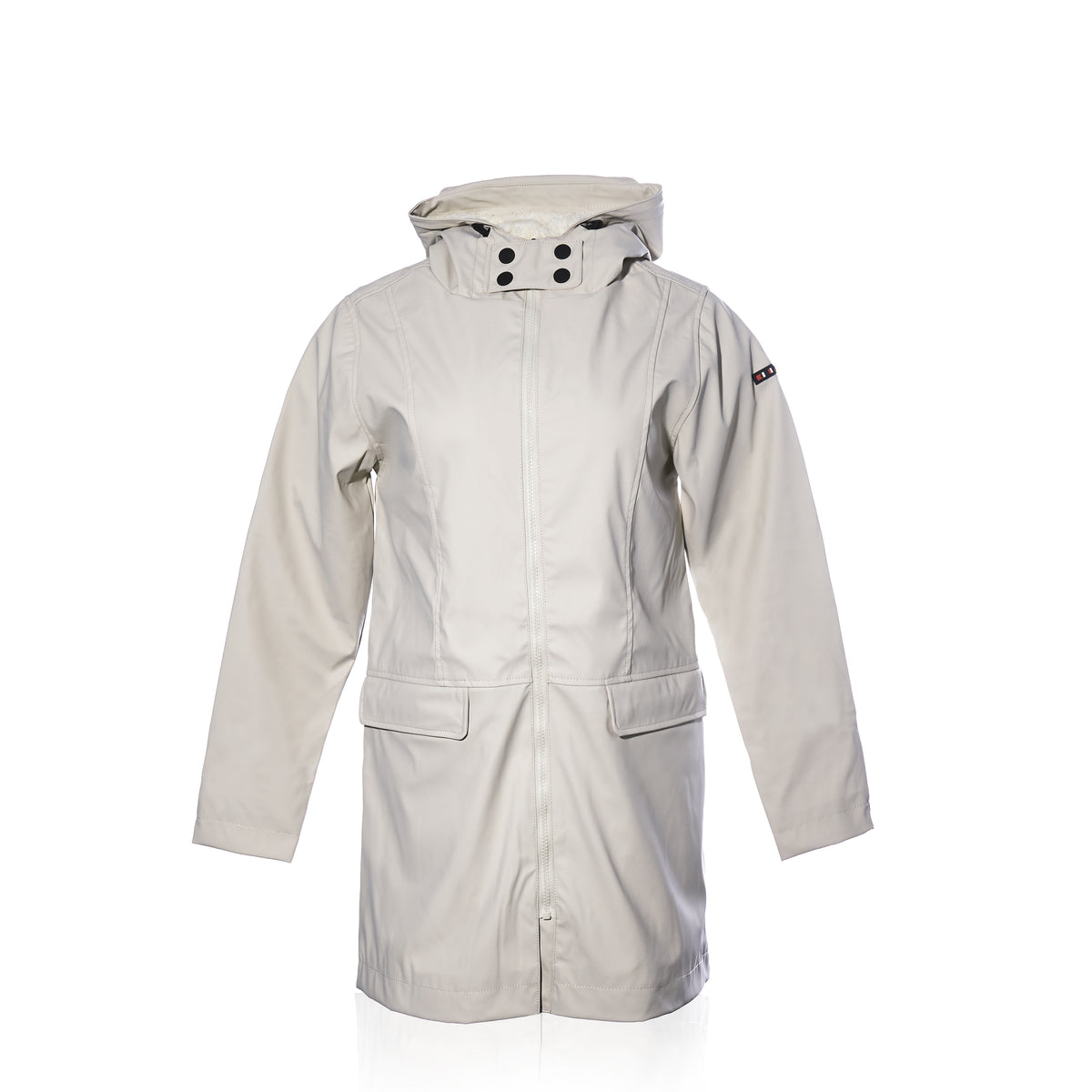 Harborside Waterproof Fleece-Lined Raincoat - Moonstruck by Batela USA Inc, light gray, knee-length with front zip, snap buttons, flap pockets, and long sleeves on white background.
