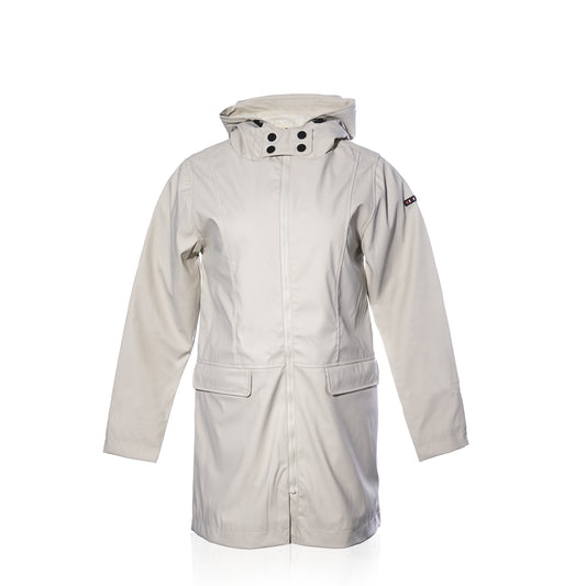 Harborside Waterproof Fleece-Lined Raincoat - Moonstruck by Batela USA Inc: light gray unisex coat with hood, front zipper, snap buttons, two pockets, and sleeve logo patch on white background.
