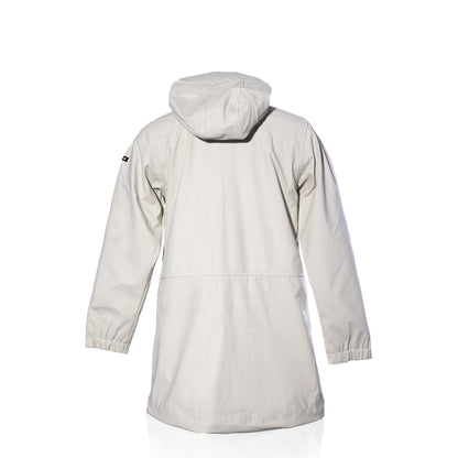 The Harborside Waterproof Fleece-Lined Raincoat - Moonstruck by Batela USA Inc is shown from the back, in light gray, with sleeves down and hood up on a white background.
