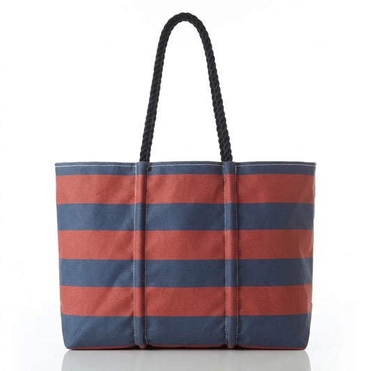 Navy / Red Rugby Stripe Large Tote bag in navy and red with black marine rope handles.
