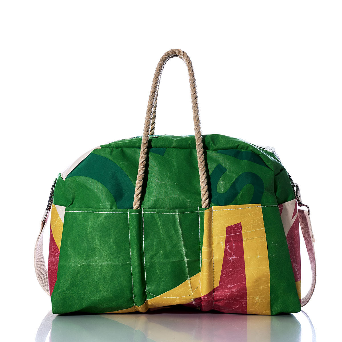 The Sea Bags Vintage Multicolor Weekender, crafted from green, yellow, and red repurposed materials with durable hemp handles, is shown photographed on a white background—the perfect choice for your next getaway bag. by Sea Bags
