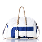 The Sea Bags Vintage US Weekender is a white and blue duffel bag featuring sturdy hemp handles, a detachable shoulder strap, and a distinctive white SUSTAIN tag—making it the perfect choice for your next getaway. by Sea Bags