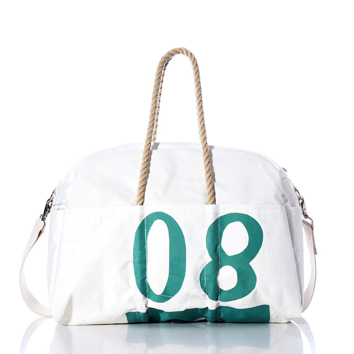 The Sea Bags Vintage J80 Weekender is a white getaway bag highlighted by sturdy hemp handles, a bold green number 08 on the front, and an extra shoulder strap, shown against a white background. by Sea Bags