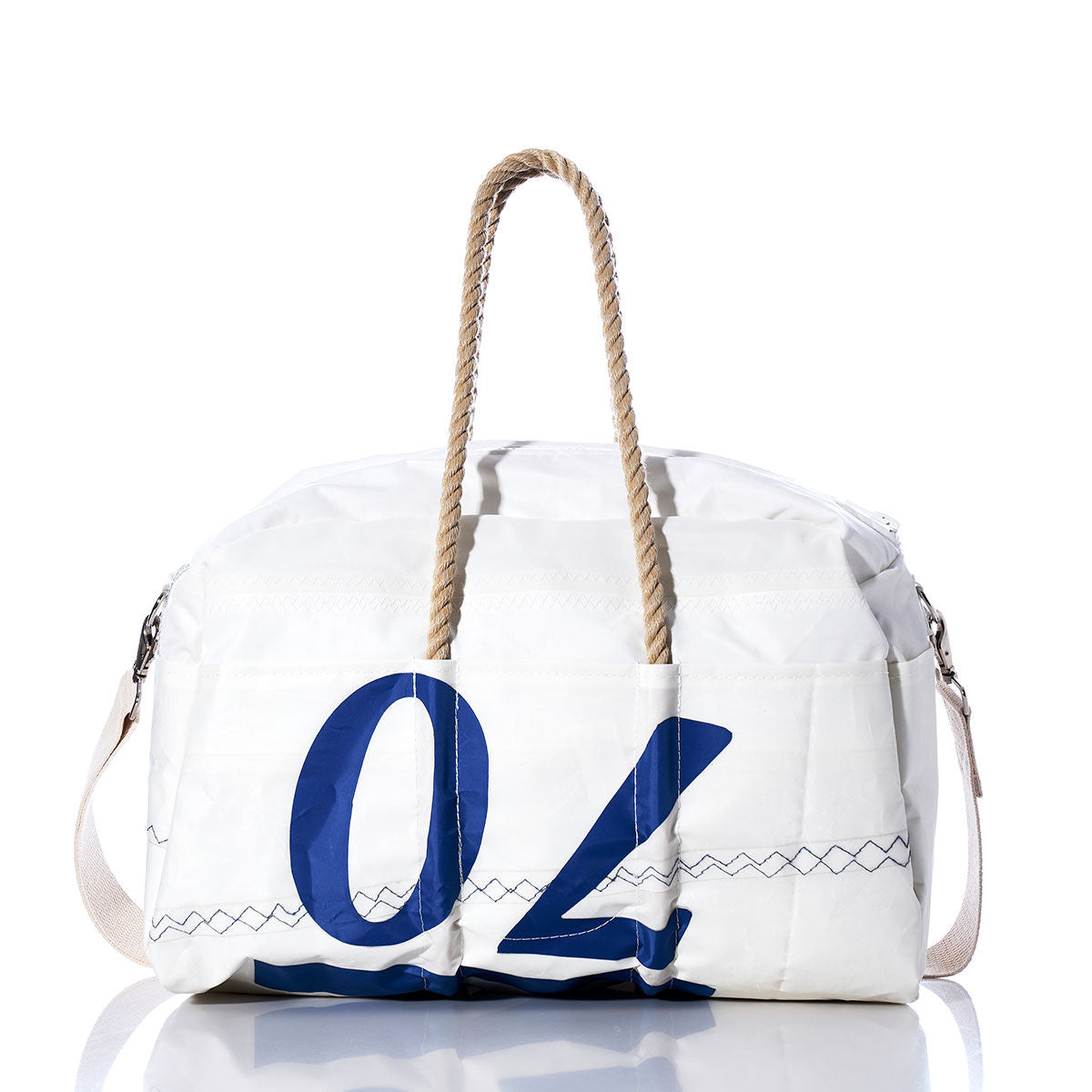 Sea Bags Vintage J70 Weekender featuring rope handles and a bold blue number 04 on the front, shown against a white background. by Sea Bags