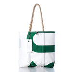 The Sea Bags Vintage USA Medium Tote features white and green sailcloth, rope handles, a metal clasp closure, and a rectangular white tag. Handmade in Maine and reminiscent of classic American totes, this bag stands upright on a reflective surface. by Sea Bags