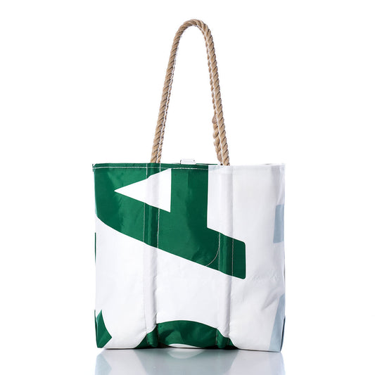 The Sea Bags Vintage USA Medium Tote is a white and green sailcloth bag featuring a bold graphic pattern and thick rope handles, displayed on a white background. by Sea Bags