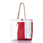 Sea Bags Vintage UE Medium Tote, a white and red handcrafted bag made in Maine from durable sailcloth, features rope handles, a zipper closure, and a visible white tag, displayed against a plain white background. by Sea Bags