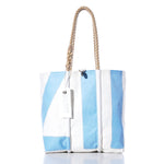 Introducing the Sea Bags Vintage 117 Medium Tote, expertly crafted in Maine. This unique bag features vertical white and light blue panels, sturdy hand-spliced rope handles, and a distinctive white tag. The tote is showcased against a clean white background. by Sea Bags