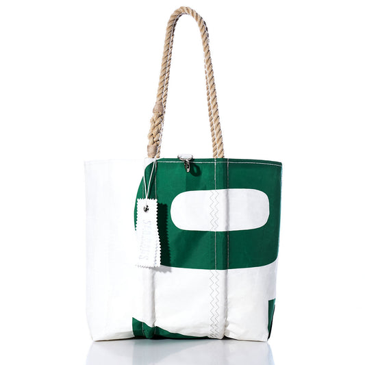 Sea Bags Vintage 070 Medium Tote features a bold green and white design with hand-spliced rope handles, visible stitching, and a distinctive white tag. by Sea Bags