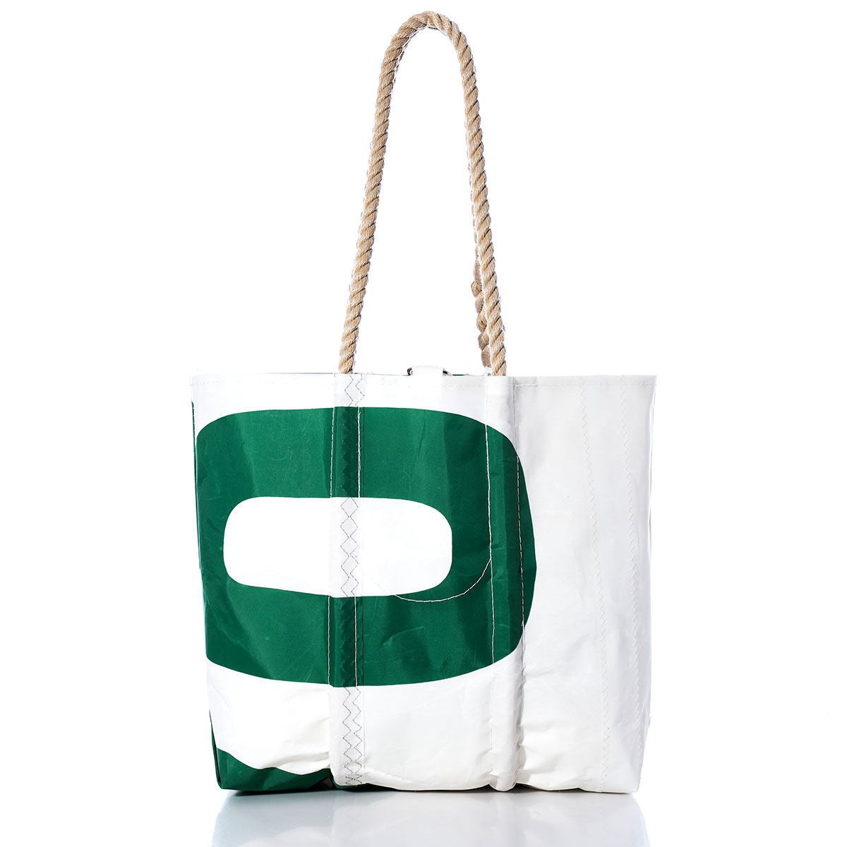 The Sea Bags Vintage 070 Medium Tote features a green geometric design on white, hand-spliced rope handles, and visible stitching reminiscent of a classic sailboat bag, shown against a white background. by Sea Bags