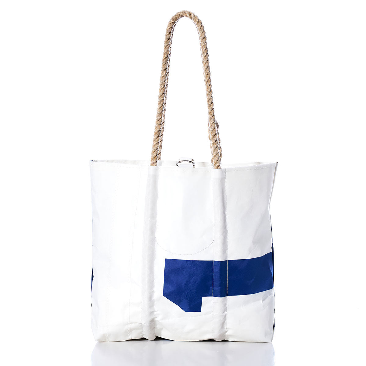Sea Bags Vintage 31 Medium Tote, featuring a blue geometric pattern on white sailcloth with original sail insignia, hand-spliced rope handles, and visible stitching, displayed against a white background. by Sea Bags