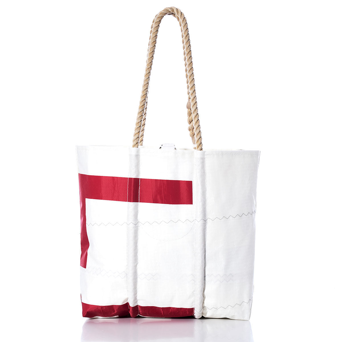 Sea Bags Vintage 997 Medium Tote, made from durable sailcloth fabric, features a bold red block design, visible stitching, and hand-spliced rope handles—all showcased on a white background. by Sea Bags