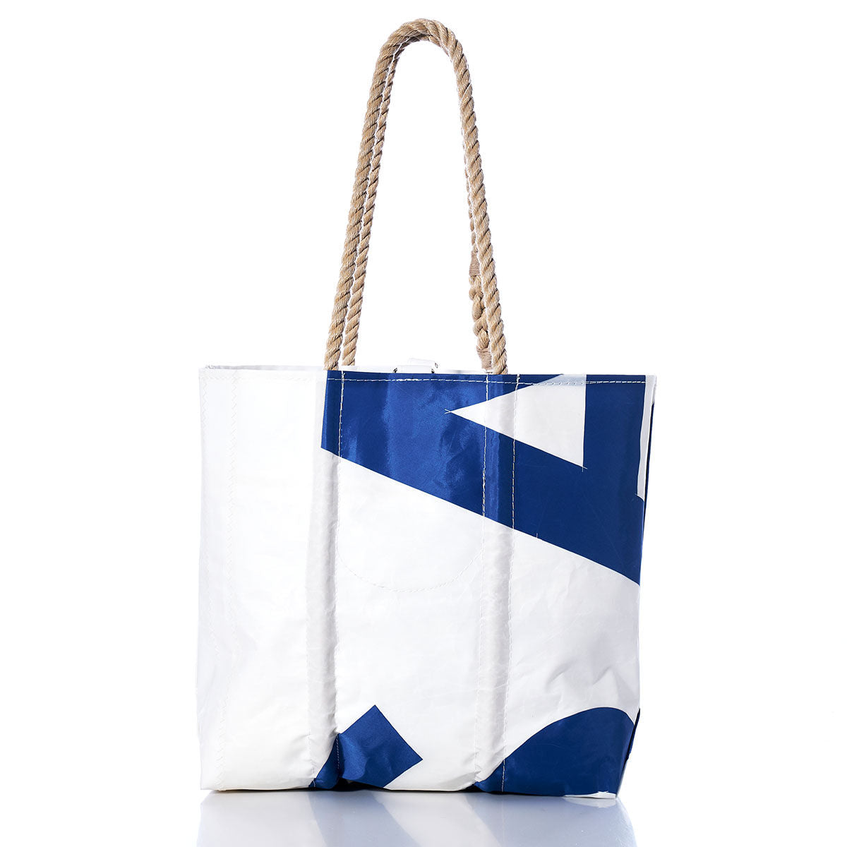 Sea Bags Vintage USA Medium Tote with a blue geometric design and hand-spliced rope handles, displayed on a white background; this authentic Maine handcrafted bag is made from recycled sail. by Sea Bags