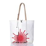 Sea Bags Vintage Laser Medium Tote — a white sailcloth bag featuring rope handles and a red sunburst design on the front, handmade in Maine and shown on a white background. by Sea Bags