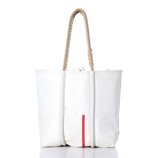 A Sea Bags Vintage Laser Medium Tote, crafted from white sailcloth with rope handles and a bold vertical red stripe on the front, is handmade in Maine and showcased against a plain white background. by Sea Bags