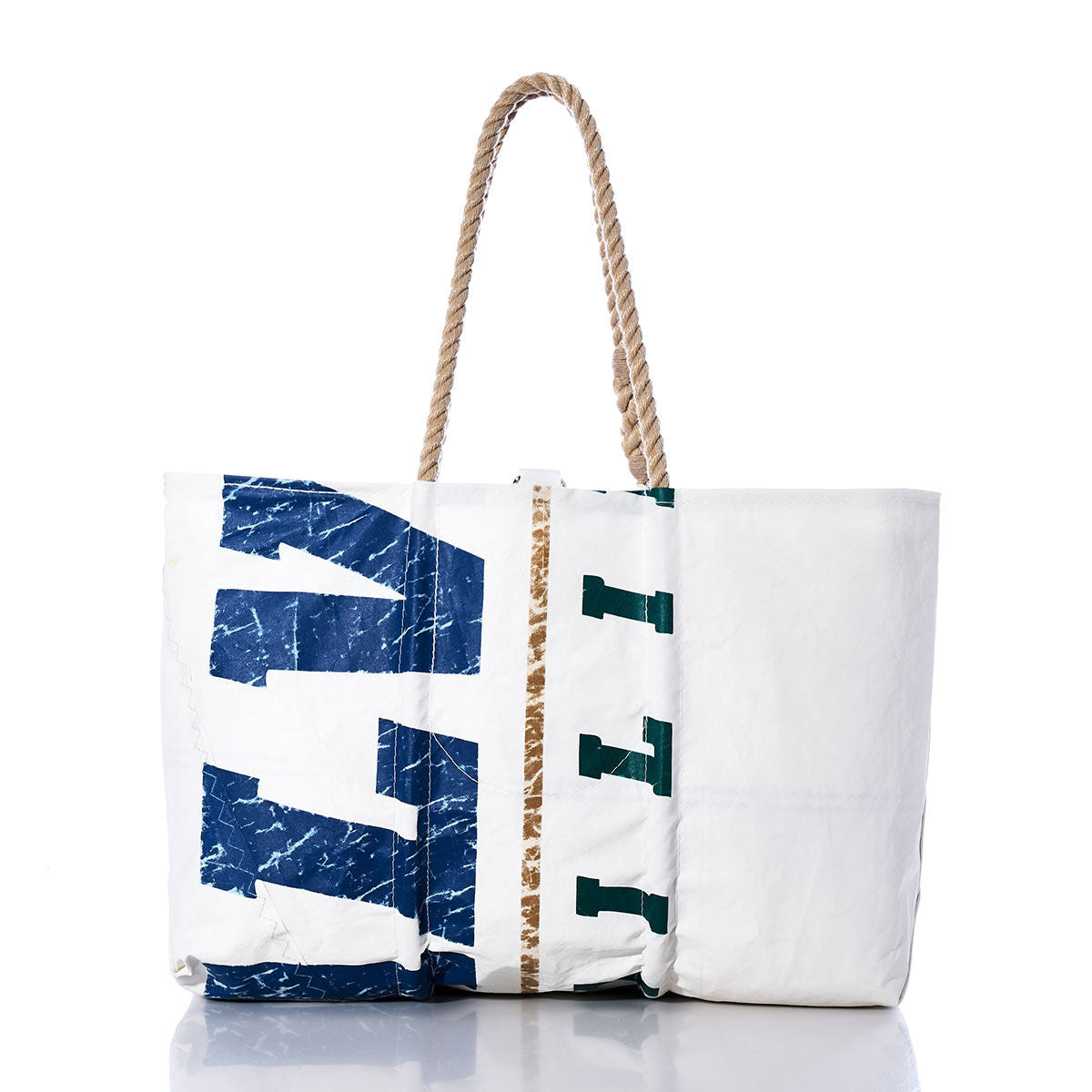 Sea Bags Vintage Sailing Large Tote—featuring blue and green lettering, original sail insignia, hand-spliced rope handles, and visible creases—displayed on a plain white background. by Sea Bags