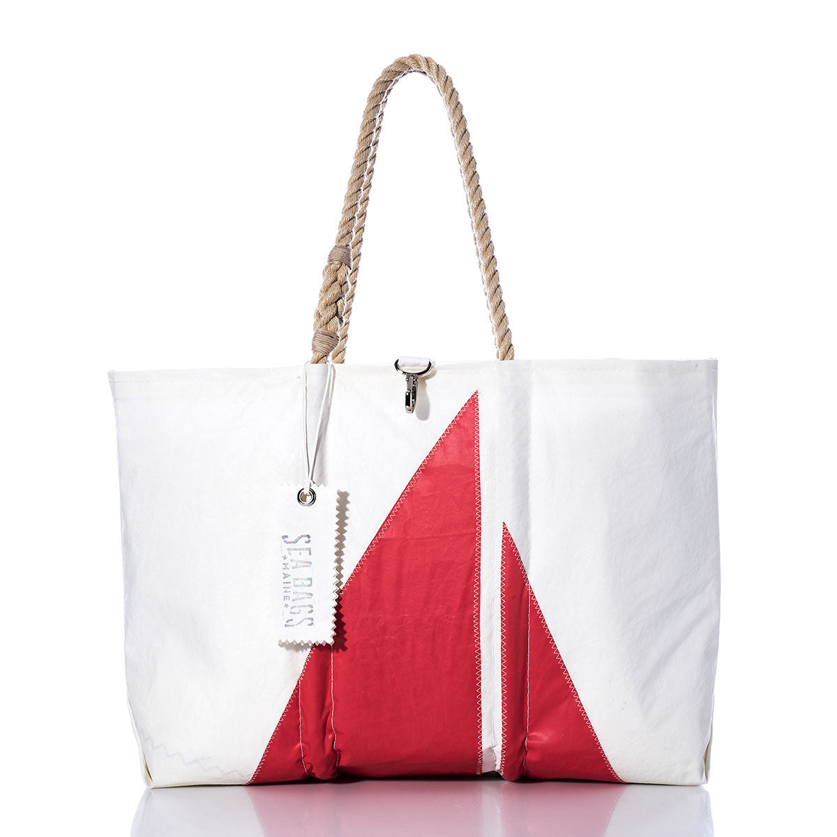 Sea Bags Vintage Interlake Large Tote, featuring hand-spliced rope handles and a bold red triangular original sail insignia, displayed against a white background. by Sea Bags
