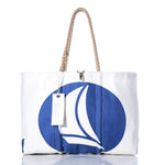 Sea Bags Vintage Hunter Large Tote, featuring a blue sailboat design with hand-spliced rope handles and a classic white tag, all proudly made in Maine. Displayed on a white background. by Sea Bags