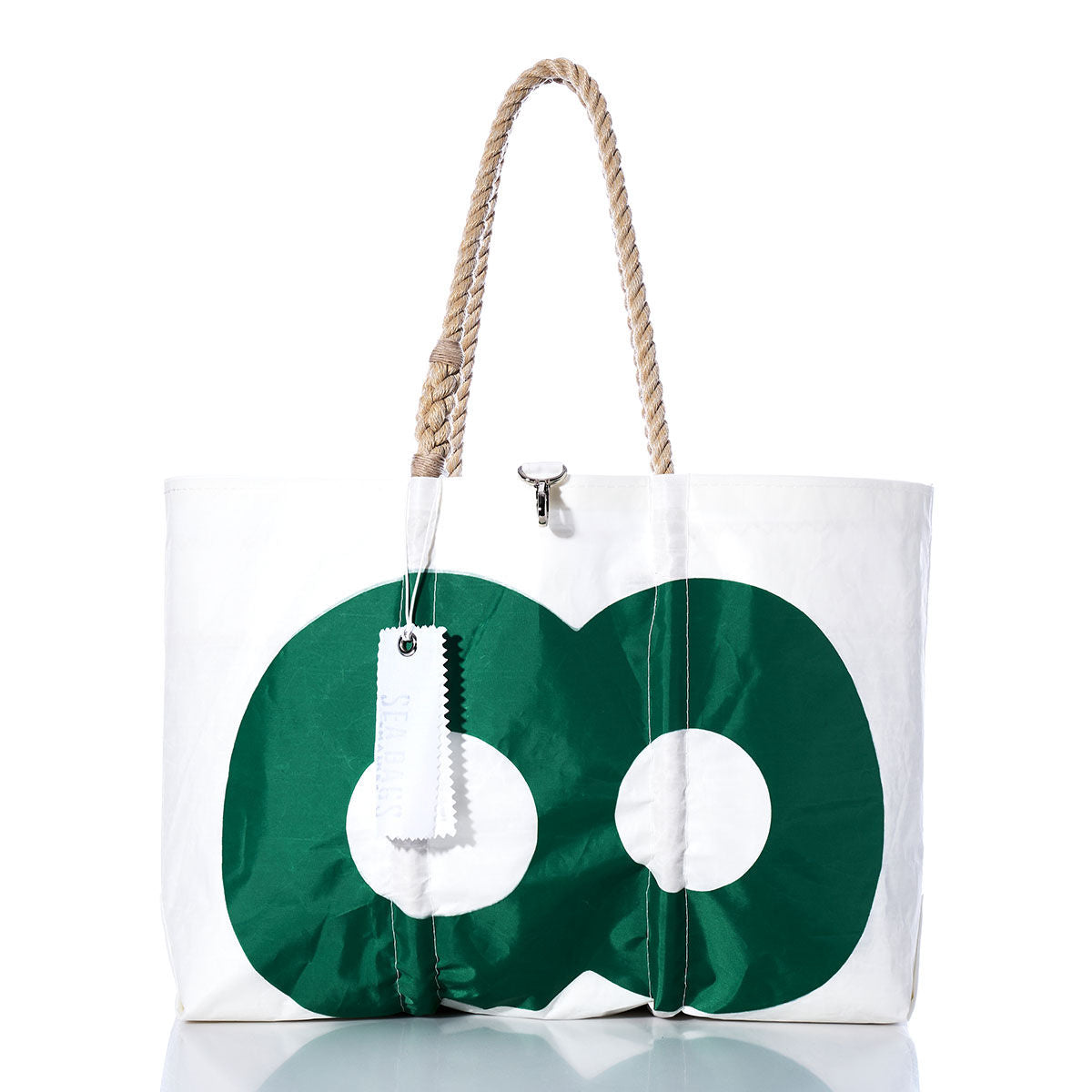The Sea Bags Vintage Green 88 Large Tote is a handmade white sailcloth bag with sturdy rope handles and a bold green double-circle 88 design on the front, inspired by vintage style. Crafted in Maine, it is shown against a white background. by Sea Bags