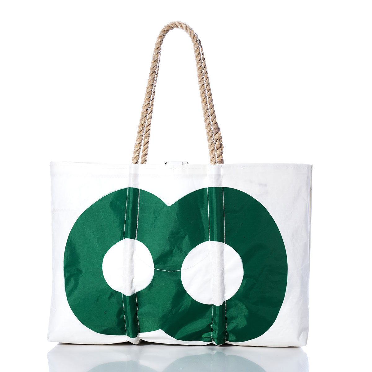 Handcrafted in Maine from durable sailcloth, the Sea Bags Vintage Green 88 Large Tote features thick rope handles and a distinctive green circular design on the front; this tote combines classic style with sturdy craftsmanship and is photographed against a white background. by Sea Bags
