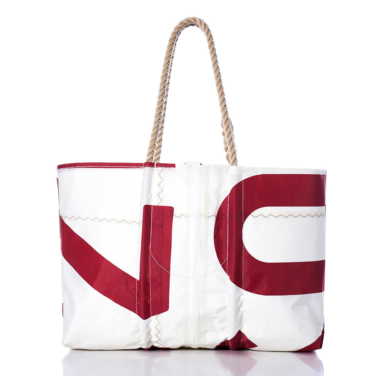 Sea Bags Vintage USA770 Large Tote, featuring hand-spliced rope handles and crafted from stitched fabric in a classic Maine style, is shown in white and red against a white background. by Sea Bags