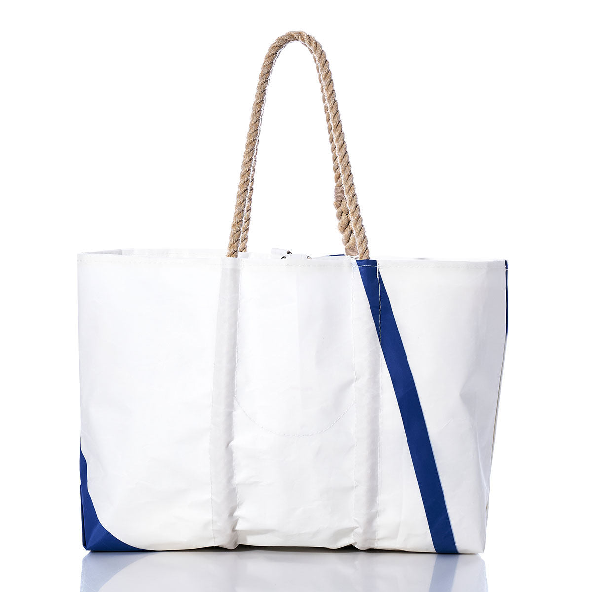 The Sea Bags Vintage Etchells Large Tote features a white sailcloth design with blue diagonal stripes and sturdy rope handles, set against a plain white background—a classic handmade Maine tote crafted for both style and durability. by Sea Bags