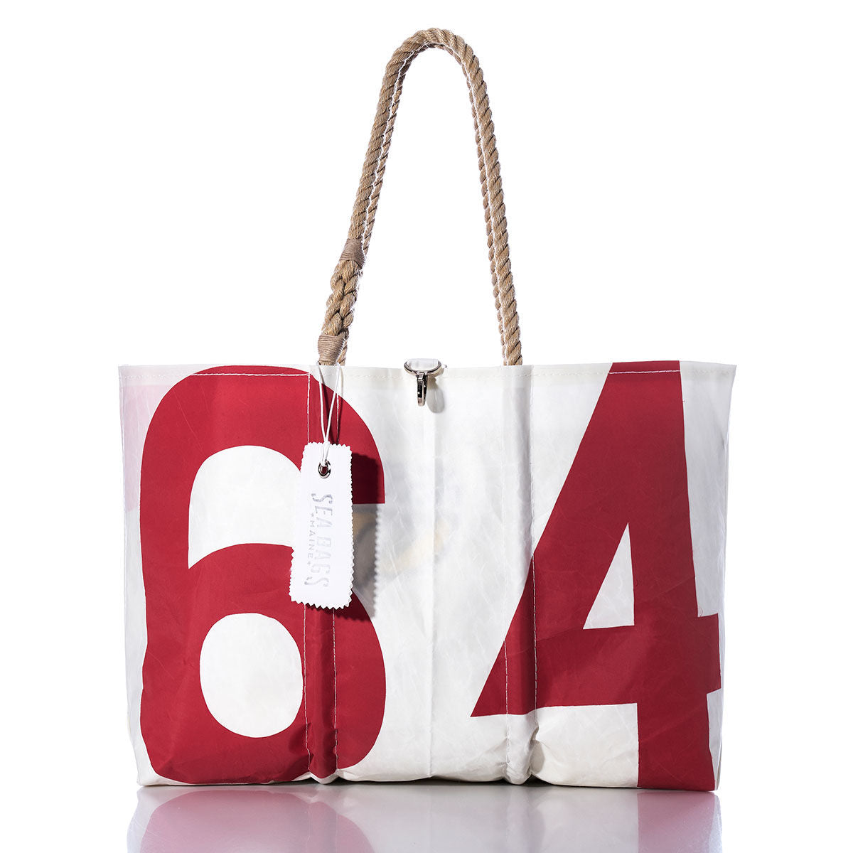 Vintage 64 Large Tote by Sea Bags—a white sailcloth bag featuring bold red numbers 6 and 4, sturdy rope handles, and a signature white SEA BAGS tag. Handmade in Maine for lasting durability and timeless style. by Sea Bags