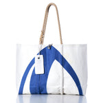 Vintage Tartan Large Tote by Sea Bags, featuring a classic plaid design and sturdy rope handles with a white Sea Bags tag, is showcased against a clean white background. This handcrafted Maine bag combines timeless style with nautical flair, making it the ideal tote for your coastal excursions. by Sea Bags