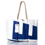 Sea Bags Vintage Etchells Large Tote—a white and blue handmade Maine bag featuring a geometric pattern, sturdy rope handles, and a white tag, beautifully displayed against a plain white background. by Sea Bags