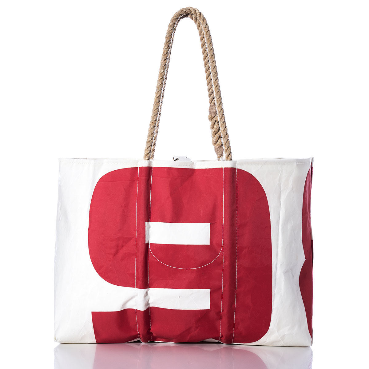 The Vintage A9 Large Tote by Sea Bags features a bold red 9 on white sail cloth and two sturdy, hand-spliced rope handles, showcased against a white background—a classic vintage sail tote crafted in Maine. by Sea Bags