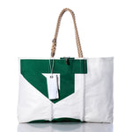 Sea Bags Vintage 984 Large Tote in white and green sailcloth, featuring rope handles and a white tag, displayed on a white background. by Sea Bags