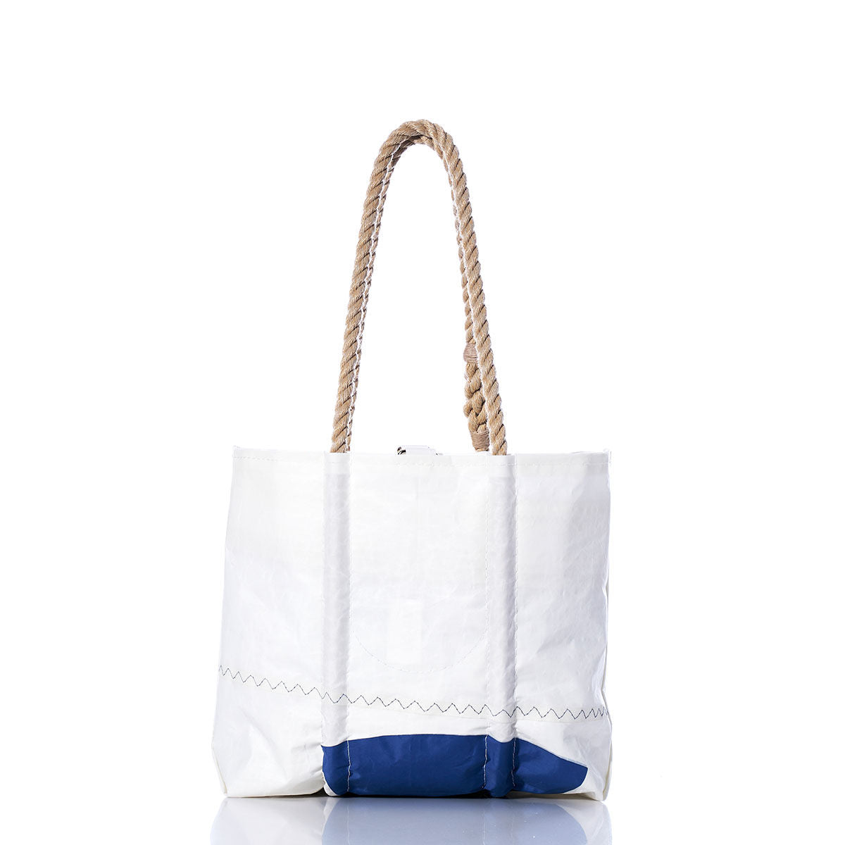 Sea Bags Vintage Thistle Handbag, a white tote featuring hemp rope handles, zigzag stitching, and a blue accent on the bottom, displayed against a white background. by Sea Bags