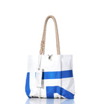 Sea Bags Vintage International 14 Handbag: A white tote bag featuring blue geometric sail-inspired patterns, sturdy rope handles, and a white tag—displayed on a plain white background and perfect for everyday use with its classic nautical design. by Sea Bags