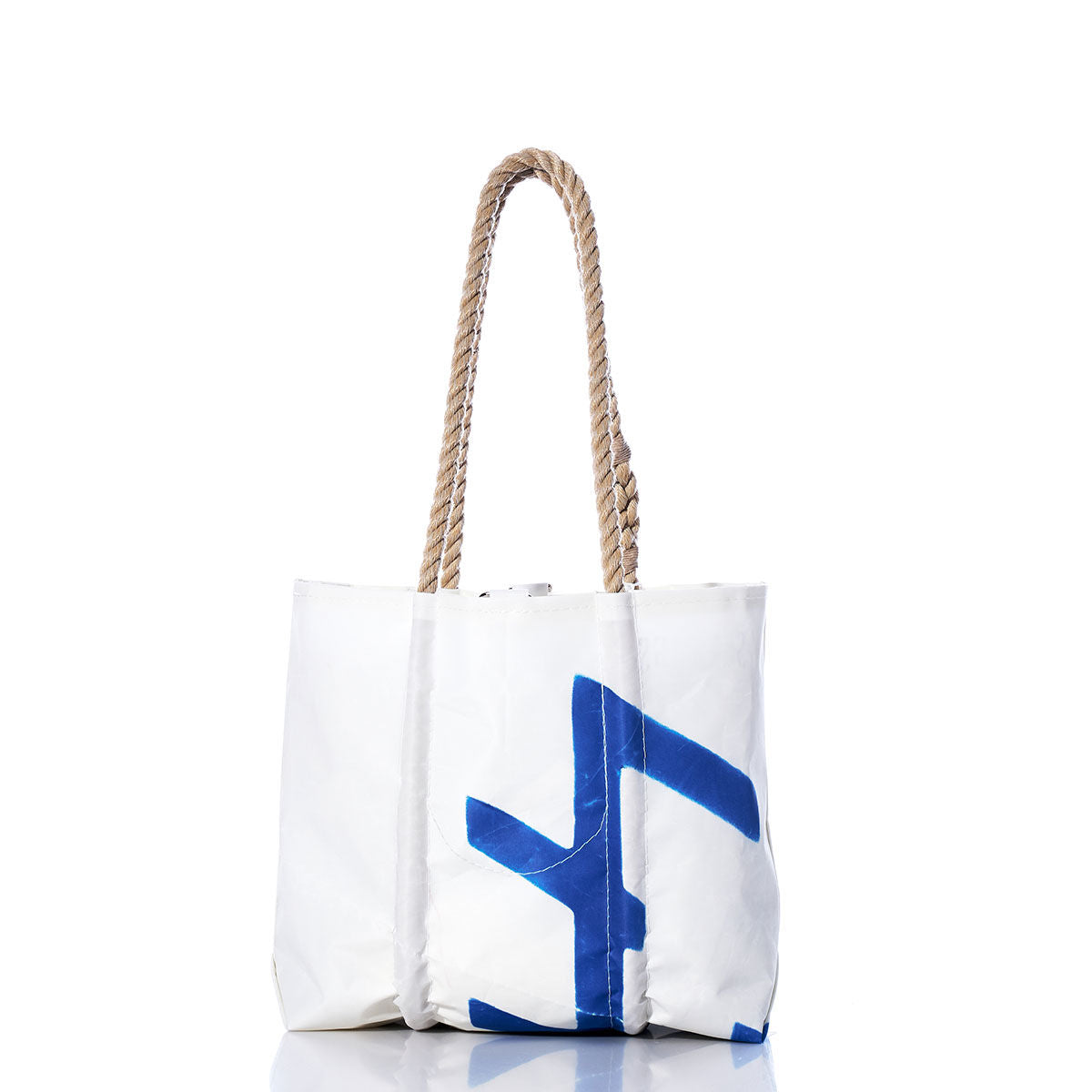 Sea Bags Vintage 470 Handbag — a white tote bag featuring a blue geometric design and two sturdy hemp rope handles, inspired by classic sailing styles with subtle sail insignias, photographed on a plain white background. by Sea Bags