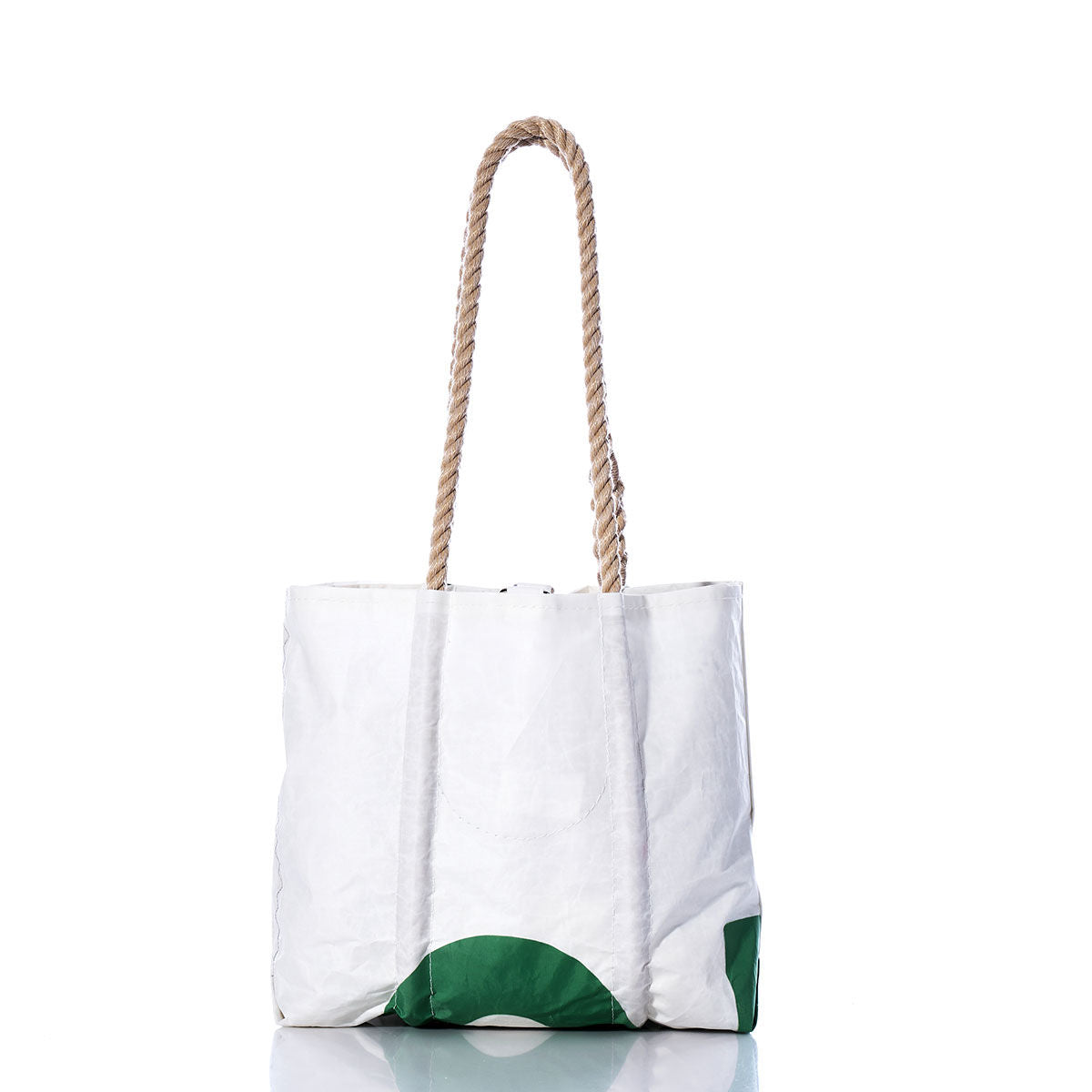 The Sea Bags Vintage Green 22 Handbag, crafted from a crinkled material, features bold green partial shapes at the bottom reminiscent of sail insignias and is finished with two thick hemp rope handles. The bag is displayed against a white background. by Sea Bags