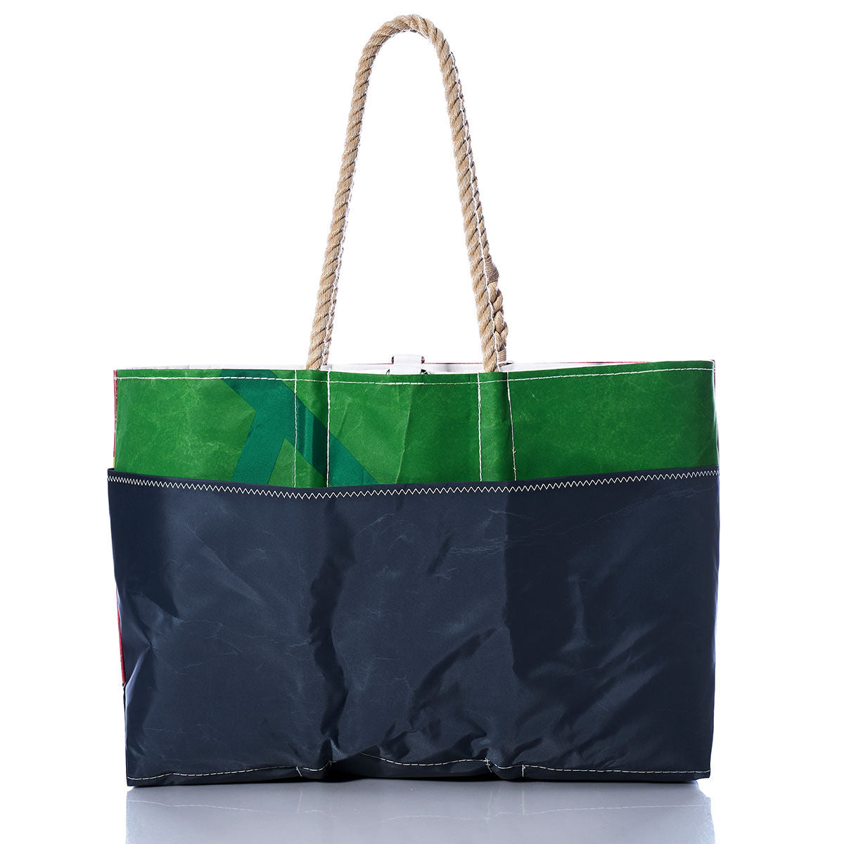 The Vintage Multicolor Ogunquit Beach Tote by Sea Bags is a spacious bag made from recycled sail cloth, showcasing a navy blue bottom, green upper section, white zigzag stitching, and durable rope handles. The tote is displayed against a white background. by Sea Bags