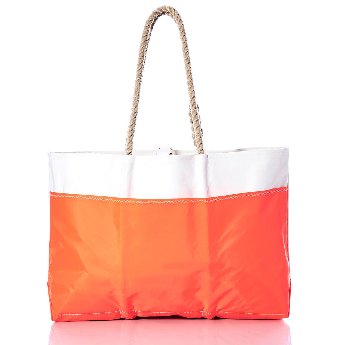 Sea Bags Vintage Beneteau Ogunquit Beach Tote, featuring a white upper section, vibrant orange bottom, and sturdy rope handles, crafted from recycled sail cloth and inspired by classic Beneteau designs. Shown on a white background. by Sea Bags
