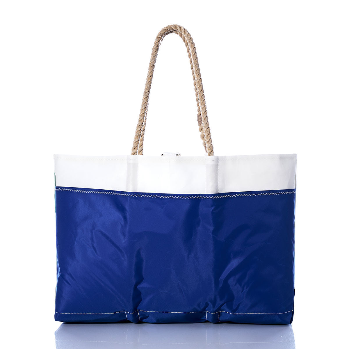 Sea Bags Vintage Etchells Ogunquit Beach Tote, featuring blue and white panels and rope handles crafted from recycled sail cloth, displayed against a white background. by Sea Bags