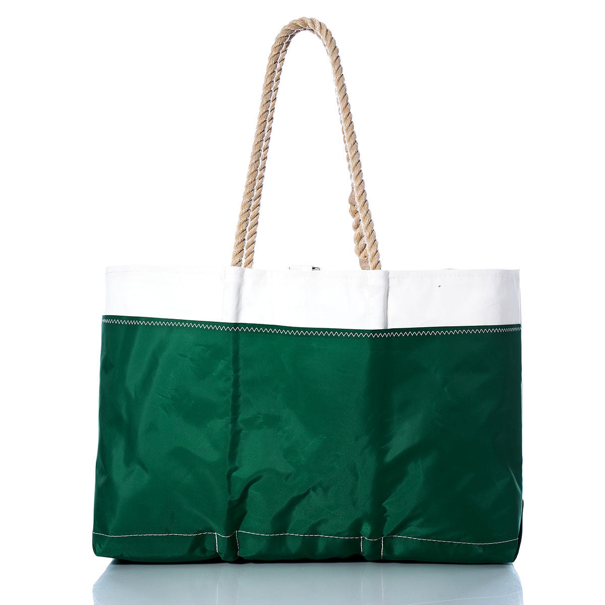 Sea Bags Vintage Beneteau Ogunquit Beach Tote, featuring green and white panels with rope handles, crafted from recycled sail cloth, stands upright on a white reflective surface. by Sea Bags