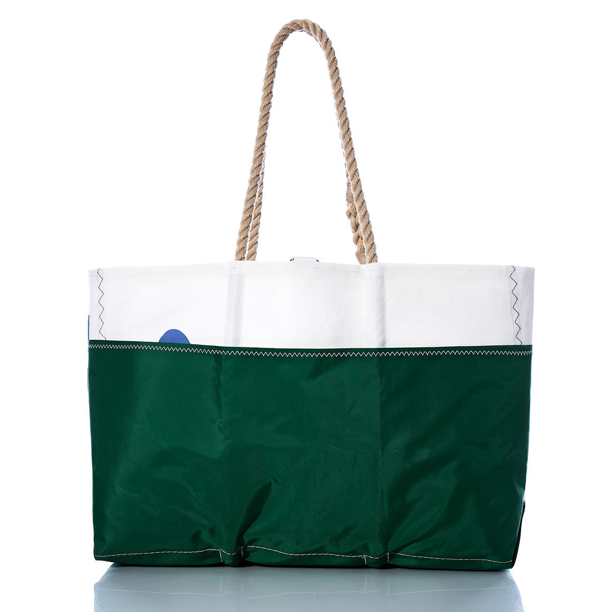 The Sea Bags Vintage ideal18 Ogunquit Beach Tote is a large bag crafted from recycled sail cloth, featuring a green bottom, white top, and thick rope handles, shown against a white background. by Sea Bags