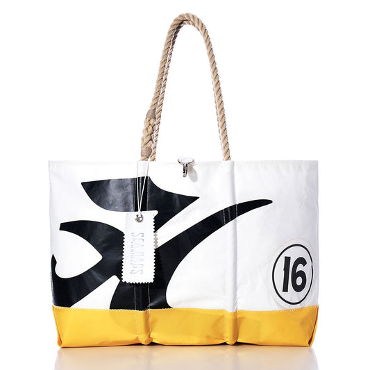 The Vintage Hobie 16 Ogunquit Beach Tote by Sea Bags is a white and yellow beach tote made from recycled sail cloth, designed with rope handles, featuring a black abstract motif and the number 16 in a circle on the lower right side. by Sea Bags