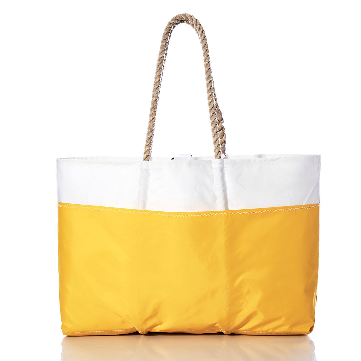 The Sea Bags Vintage Hobie 16 Ogunquit Beach Tote showcases a white upper section and a vibrant yellow lower section, accented with thick rope handles, all expertly crafted from recycled sail cloth and photographed against a white background. by Sea Bags