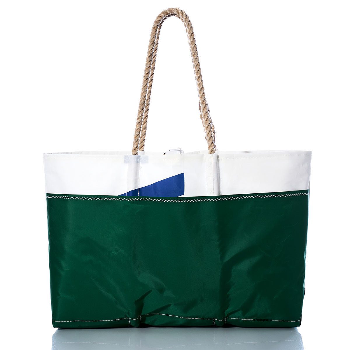 The Sea Bags Vintage USA Ogunquit Beach Tote, crafted from recycled sail cloth, features a green and white design with rope handles, a small blue accent, and stands upright on a white surface. by Sea Bags