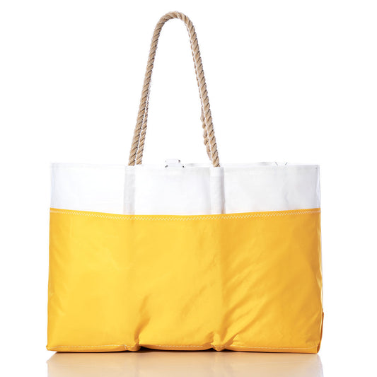 The Sea Bags Vintage Mercury Ogunquit Beach Tote features a spacious design with a white top, yellow bottom, and two thick rope handles, expertly crafted from recycled sail cloth and displayed against a white background. by Sea Bags