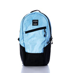 Introducing the Vintage Blue Crew Backpack by Sea Bags—a sustainable backpack crafted from recycled sail cloth in light blue and black. This eco-friendly bag features a front zipper pocket and a branded label, shown against a plain white background. by Sea Bags
