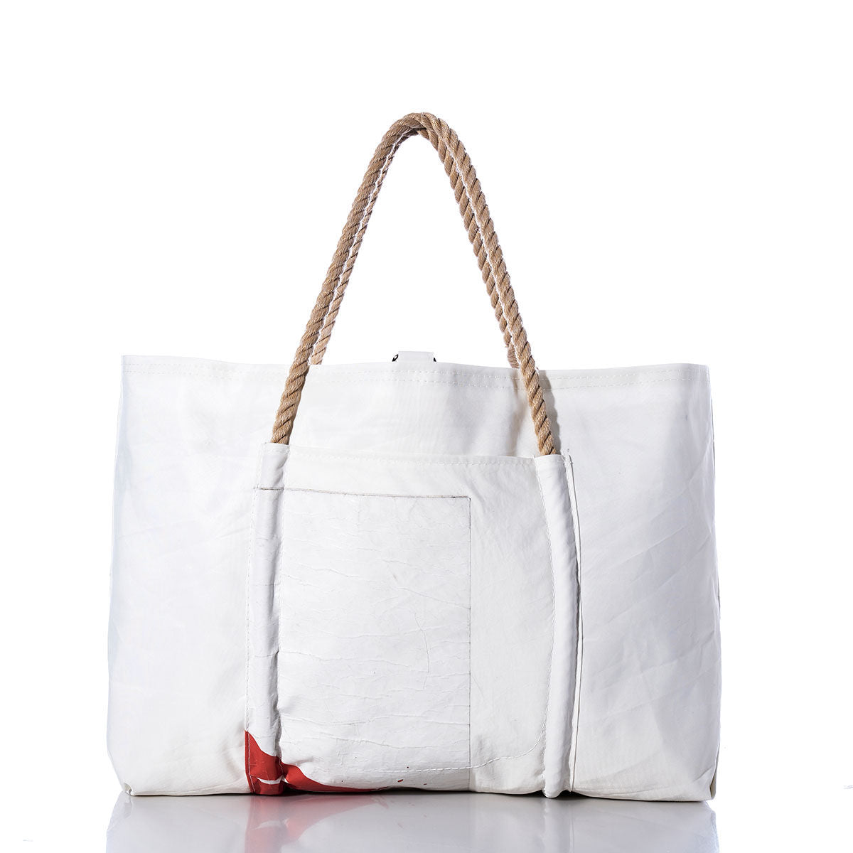 Handcrafted in Portland, Maine from recycled sail cloth, the Sea Bags Vintage Orange Graphic Wharf Tote features a large white design with rope handles, a front exterior pocket, and a distinctive small red accent at the bottom. Inspired by classic nautical style, this durable tote embodies the unique charm of handmade craftsmanship while capturing the essence of its namesake—the Vintage Orange Graphic Wharf Tote. by Sea Bags