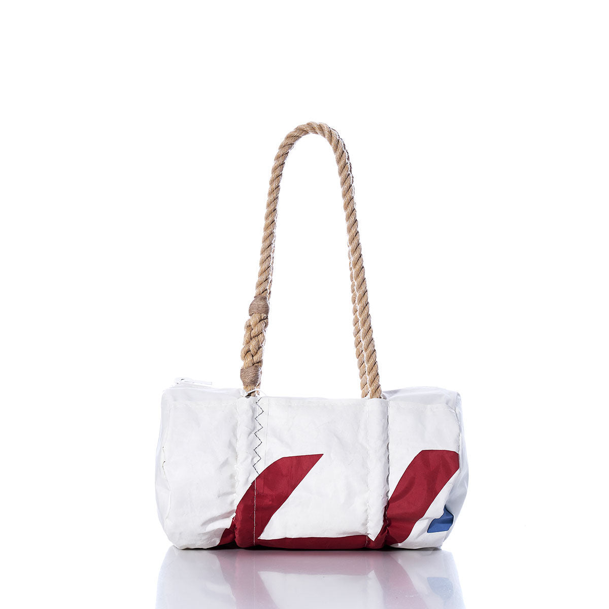 The Sea Bags Vintage Harbor 20 Baguette Bag, featuring white and red vintage sailcloth and thick hemp rope handles, is displayed against a white background. by Sea Bags