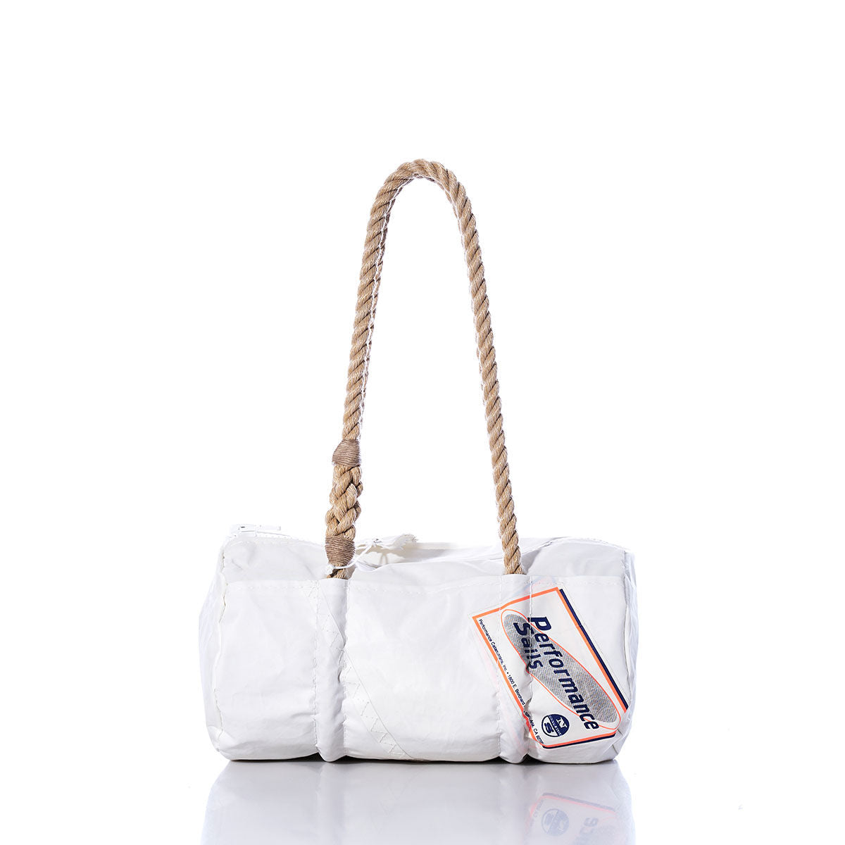 The Sea Bags Vintage Performance Sails Baguette Bag features a white rectangular design with a thick, hand-spliced hemp rope handle and a Performance Sailcloth tag attached; shown against a white background. by Sea Bags