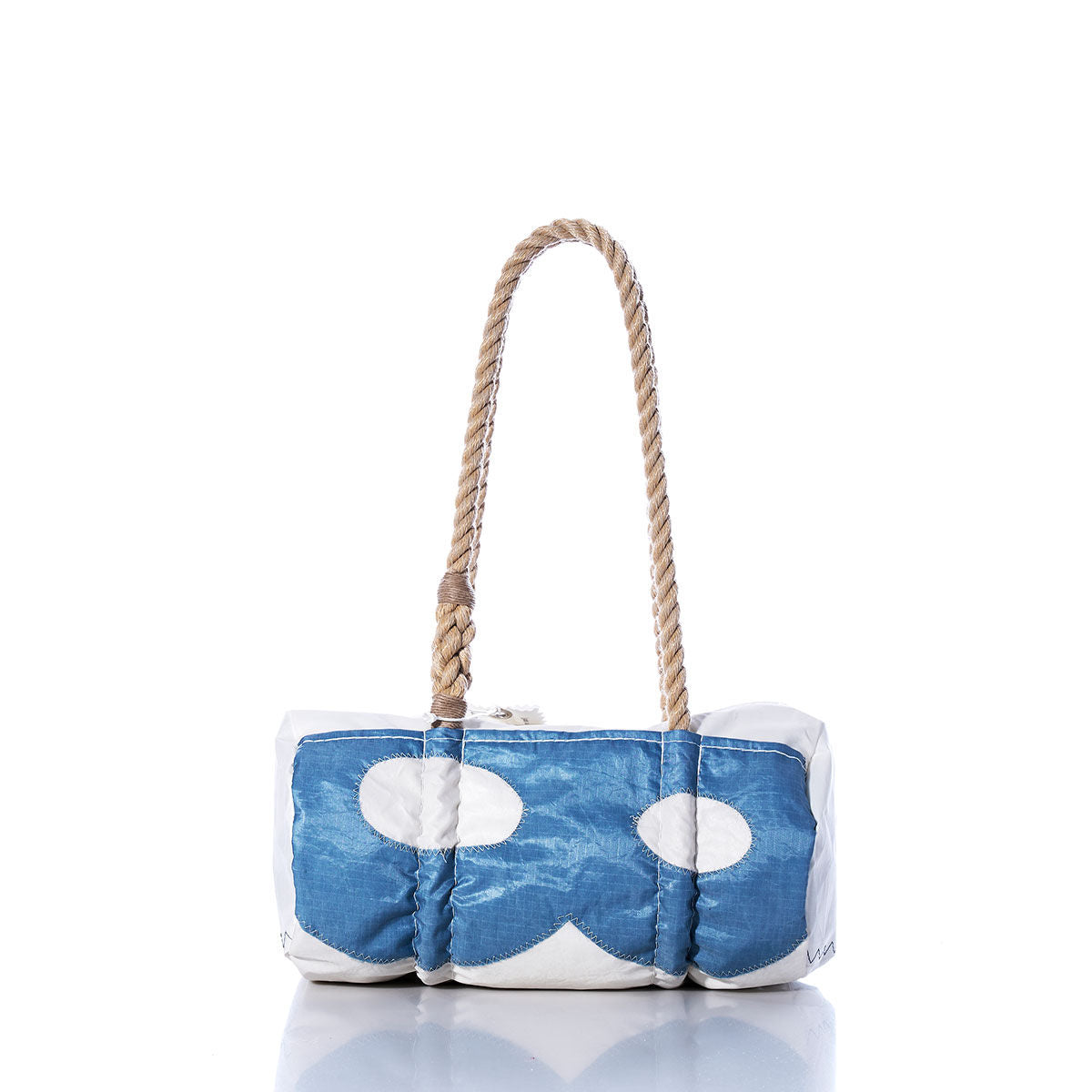 The Sea Bags Vintage Blue 8 Baguette Bag showcases a blue and white patterned fabric in a rectangular tote design, accented with hand-spliced rope handles inspired by nautical style, and is photographed against a white background. by Sea Bags